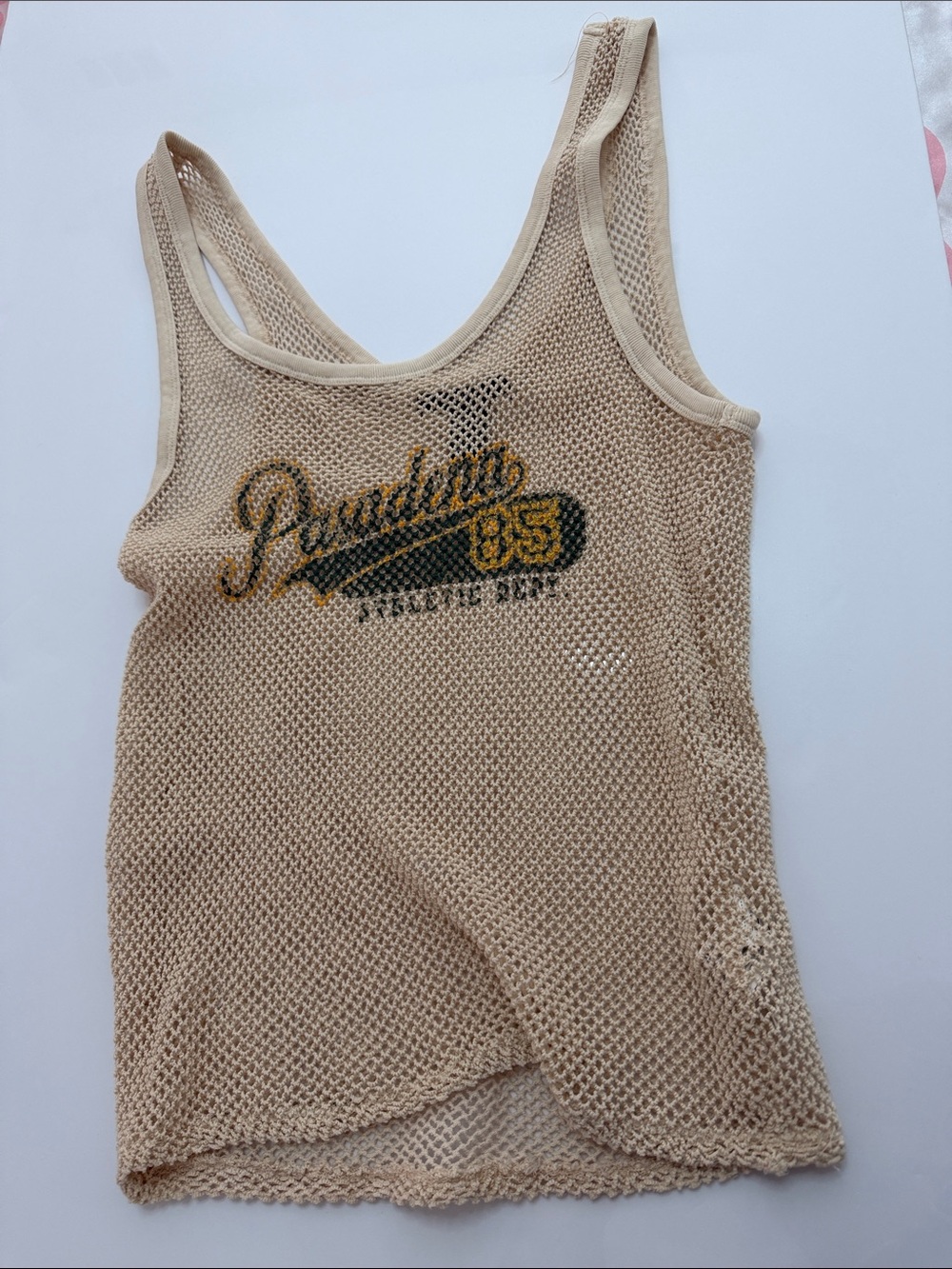 Forever 21 Beige Mesh Graphic Tank Top with Yellow/Black Logo